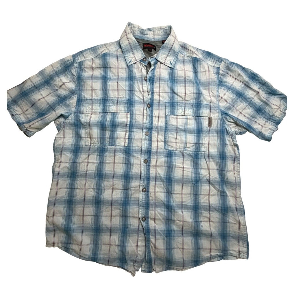Wolverine Mens Blue Plaid Short Sleeve Button Down Work Shirt Large Cotton